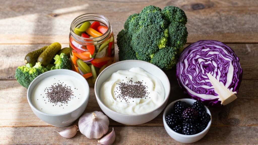 Variedad de alimentos fermentados y fibrosos como yogur