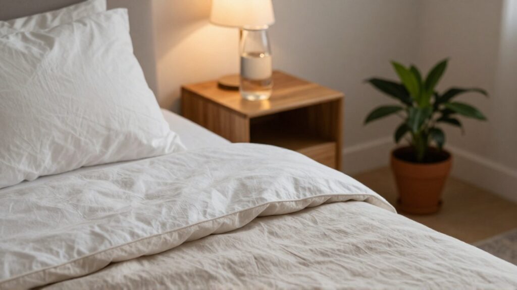 Cama con sábanas blancas y arena junto a una mesa de noche con lámpara y planta.