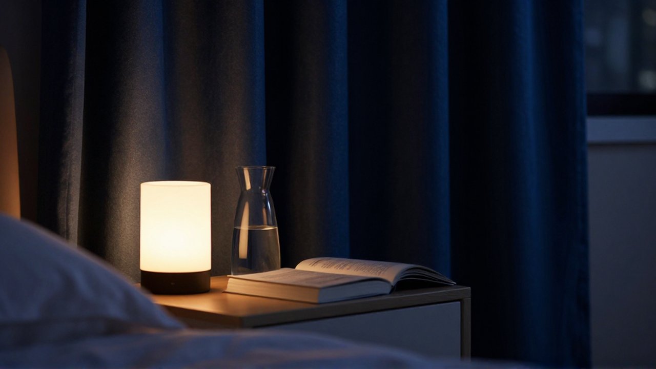 Una pequeña lámpara encendida ilumina un libro cerrado y una jarra cerámica sobre una mesa de noche.
