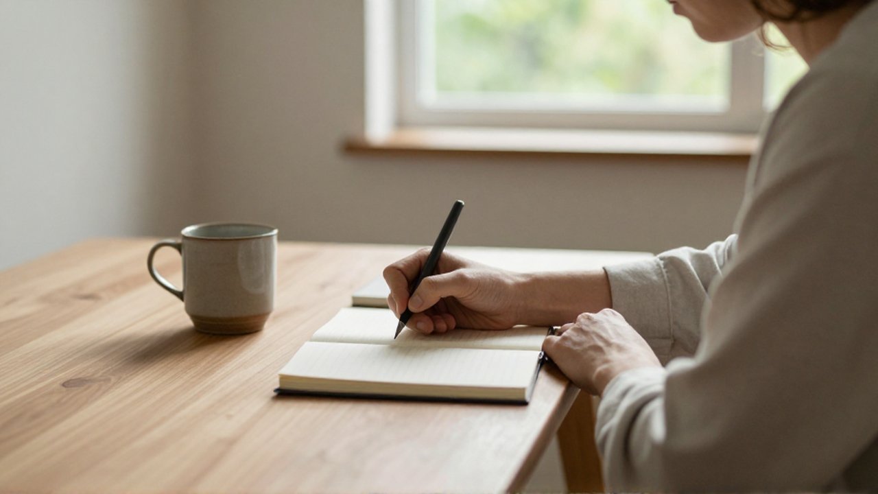 Persona sentada en un escritorio de madera escribiendo notas en un cuaderno con una pluma.