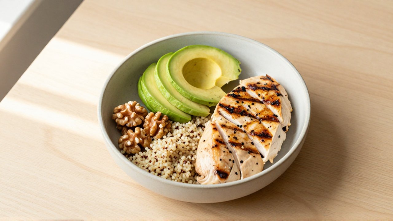 Un bol de pollo a la plancha con quinoa junto a aguacate y nueces sobre una mesa de madera.