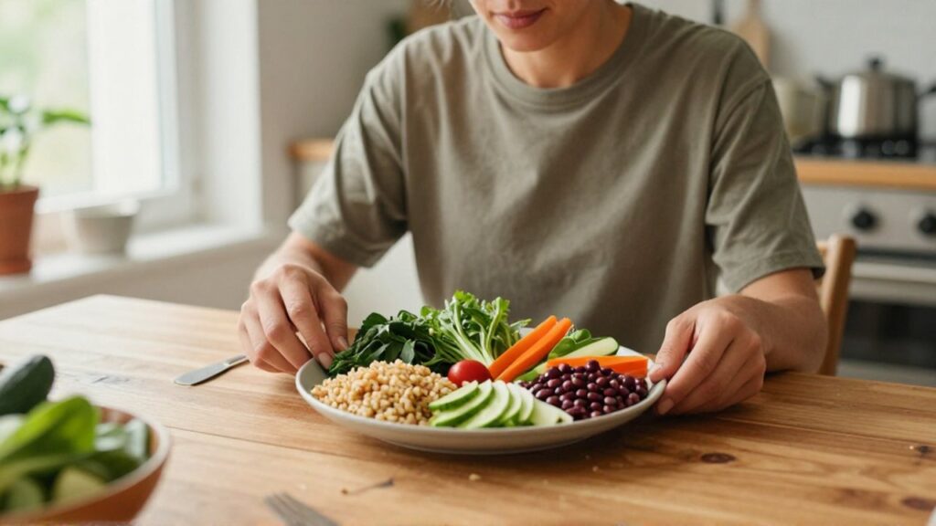 Persona sentada a una mesa de madera frente a un plato de vegetales