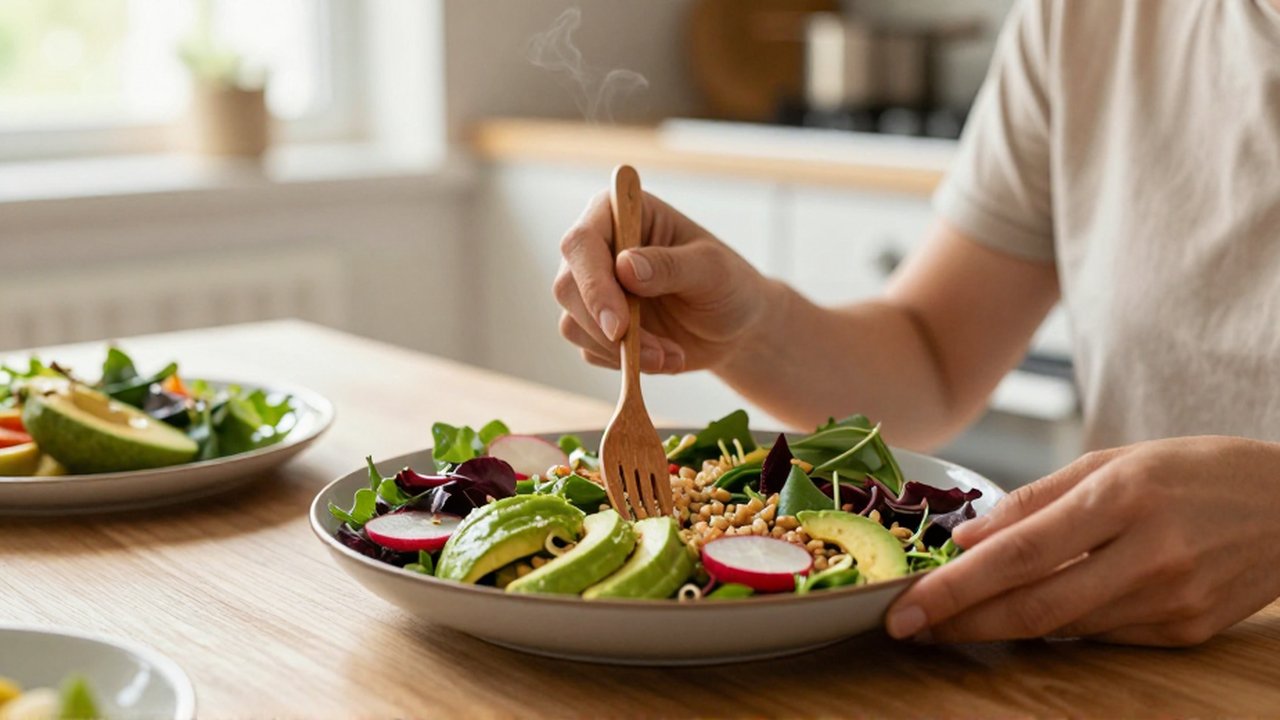 Unas manos mueven un tenedor de madera a través de una ensalada de vegetales y granos en una mesa.