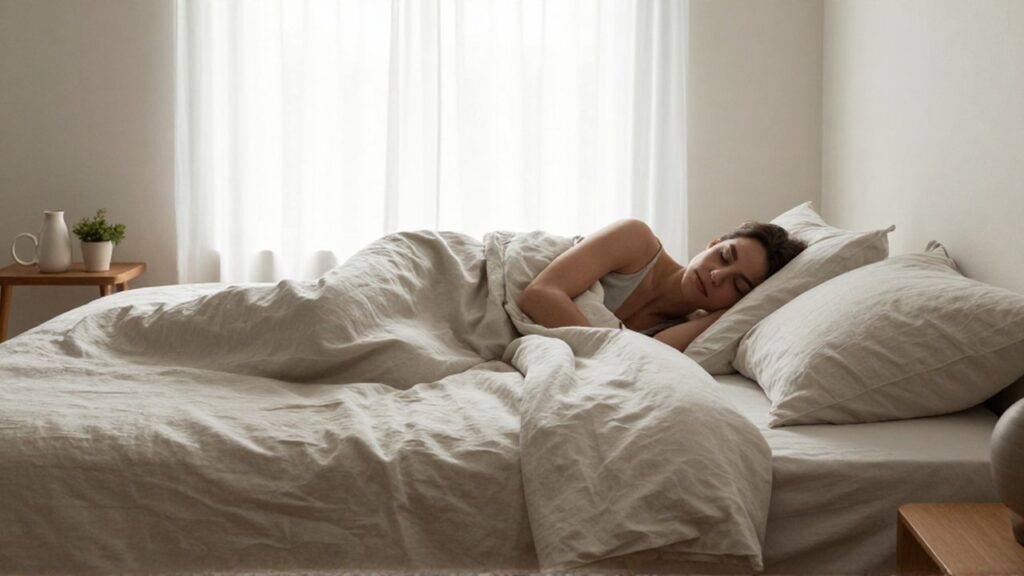 Persona durmiendo en una cama con ropa de cama de lino en un dormitorio minimalista.