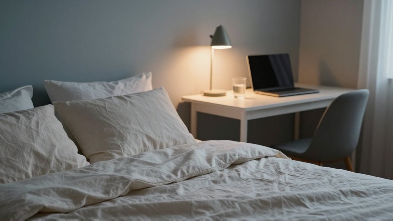 Una cama hecha con sábanas suaves en primer plano y un escritorio despejado al fondo.