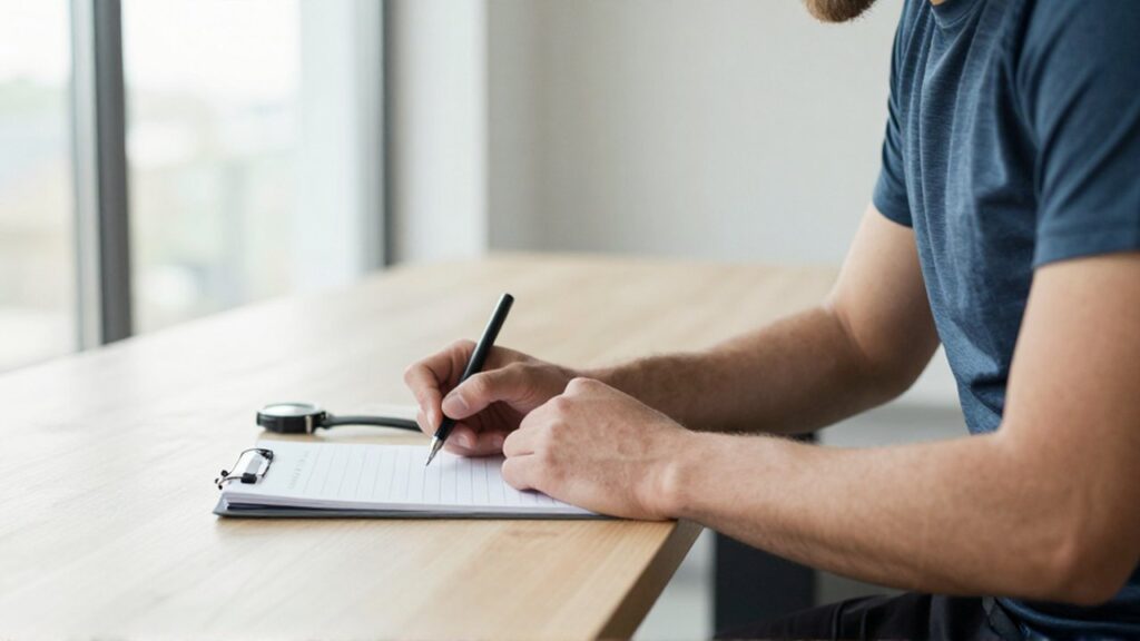 Un atleta de perfil revisa un cuaderno de entrenamiento y un cronómetro sobre una mesa de madera.