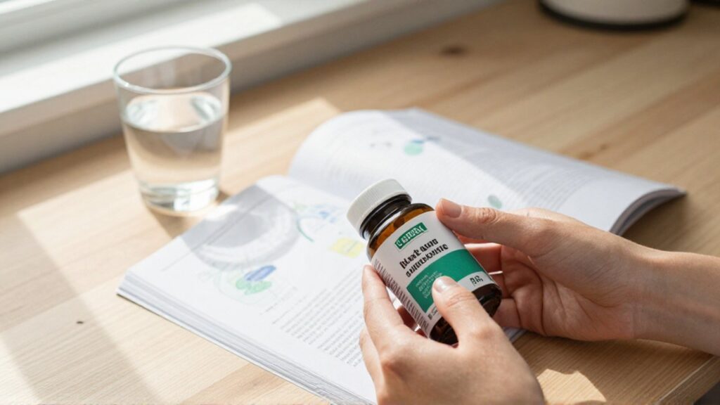 Unas manos examinan la etiqueta de un frasco de suplementos junto a una revista científica y un vaso de agua.