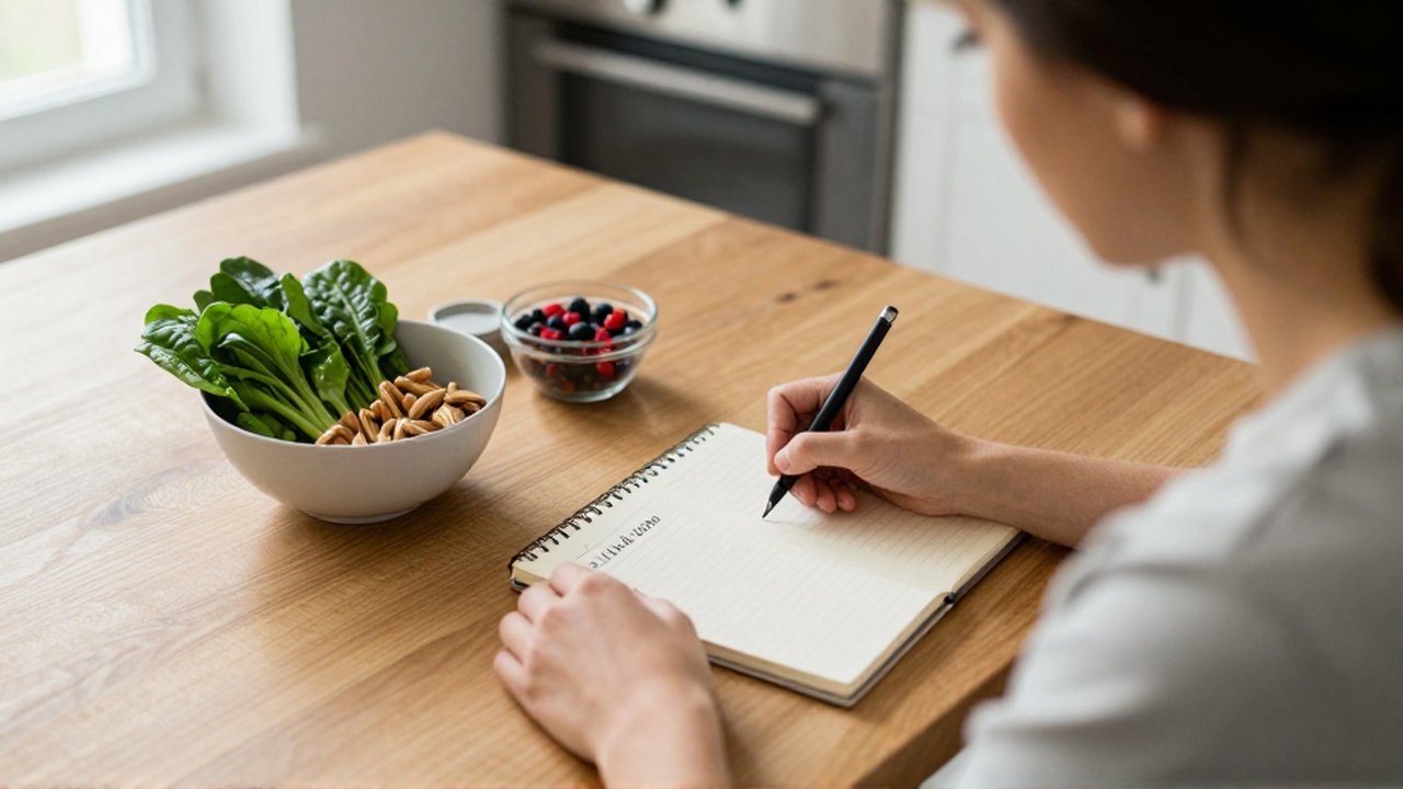 Una persona escribe notas en un cuaderno sobre una mesa de madera junto a un cuenco con vegetales, frutos secos y bayas.