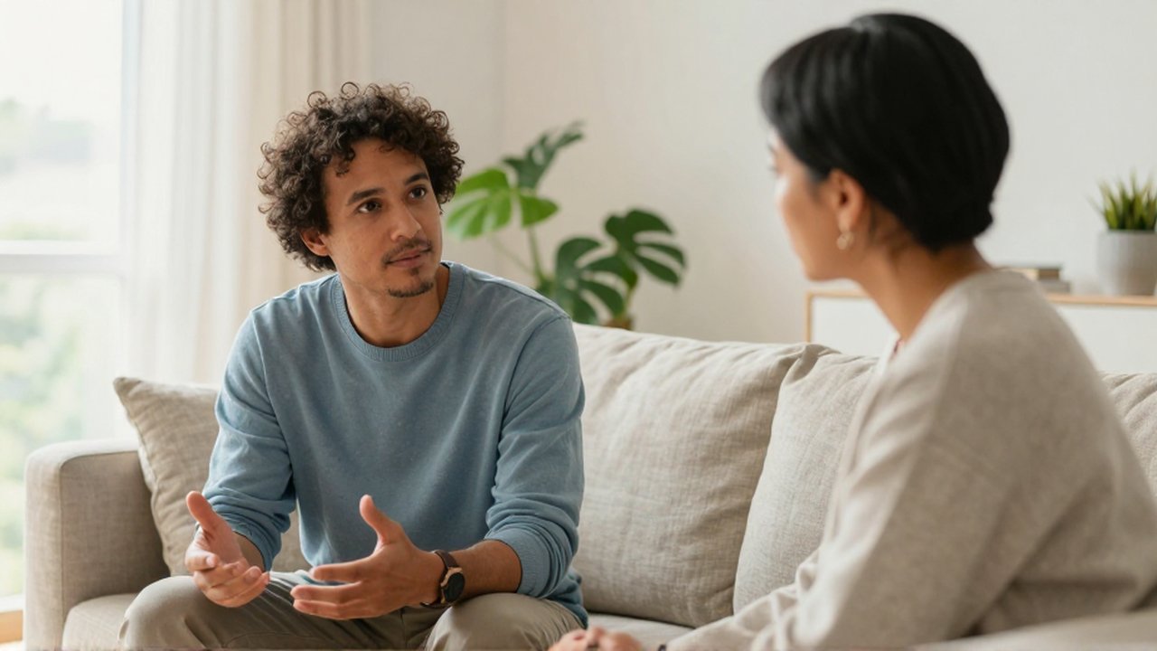 Dos personas conversan con gestos pausados en una sala luminosa con plantas de fondo.