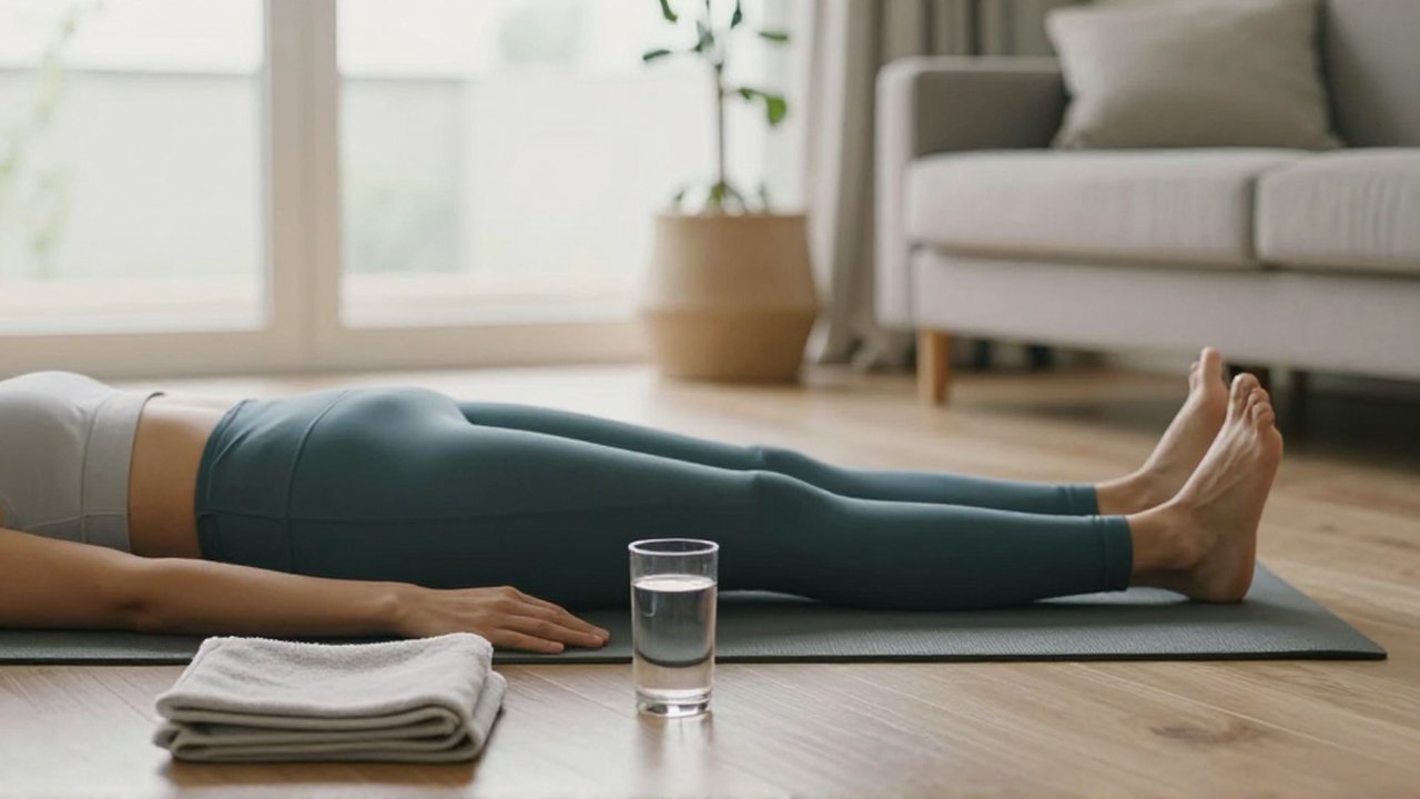 Persona con ropa deportiva realiza estiramientos sobre una esterilla de yoga en una sala luminosa.