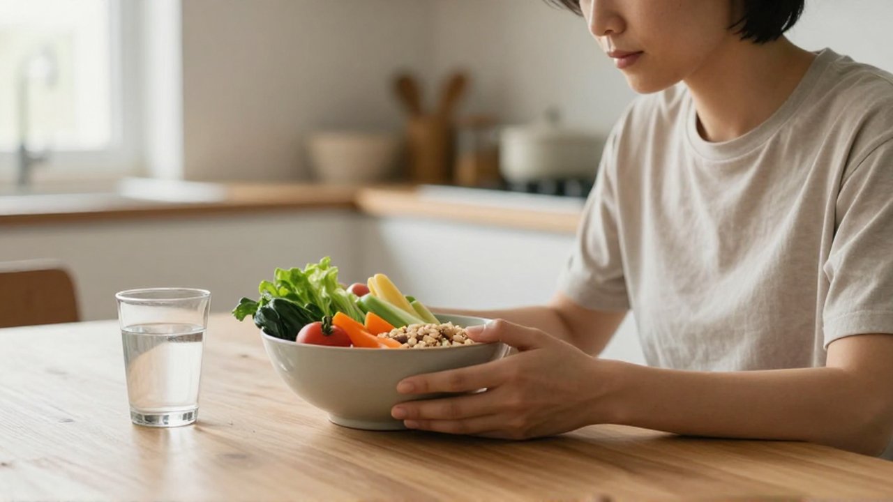 Una persona sentada ante una mesa de madera observa un cuenco con verduras y granos.