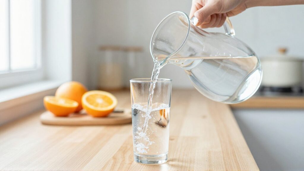 Una persona vierte agua clara de una jarra de cristal en un vaso sobre una encimera de madera.