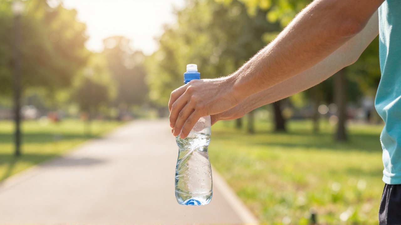 Una persona con ropa deportiva alcanza una botella de agua transparente con gotas de condensación en un parque soleado.