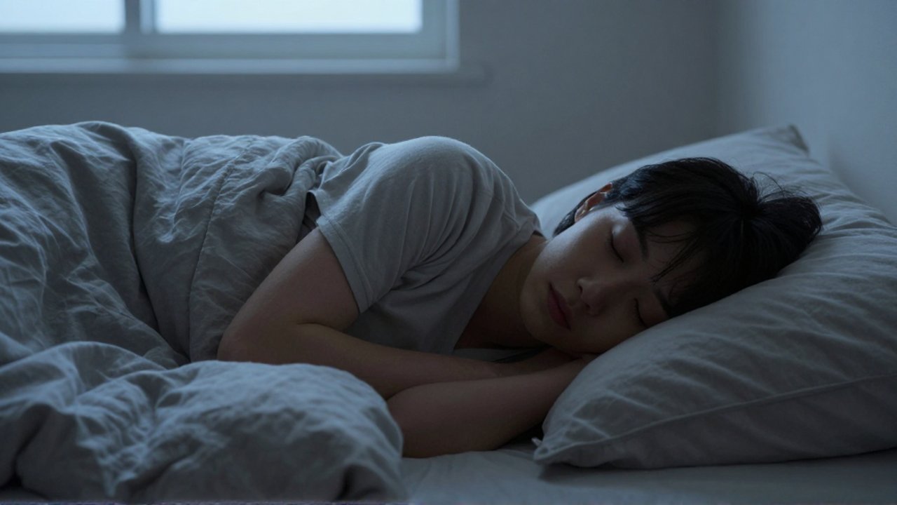 Persona durmiendo de lado con expresión relajada entre sábanas de lino en un dormitorio tenue.