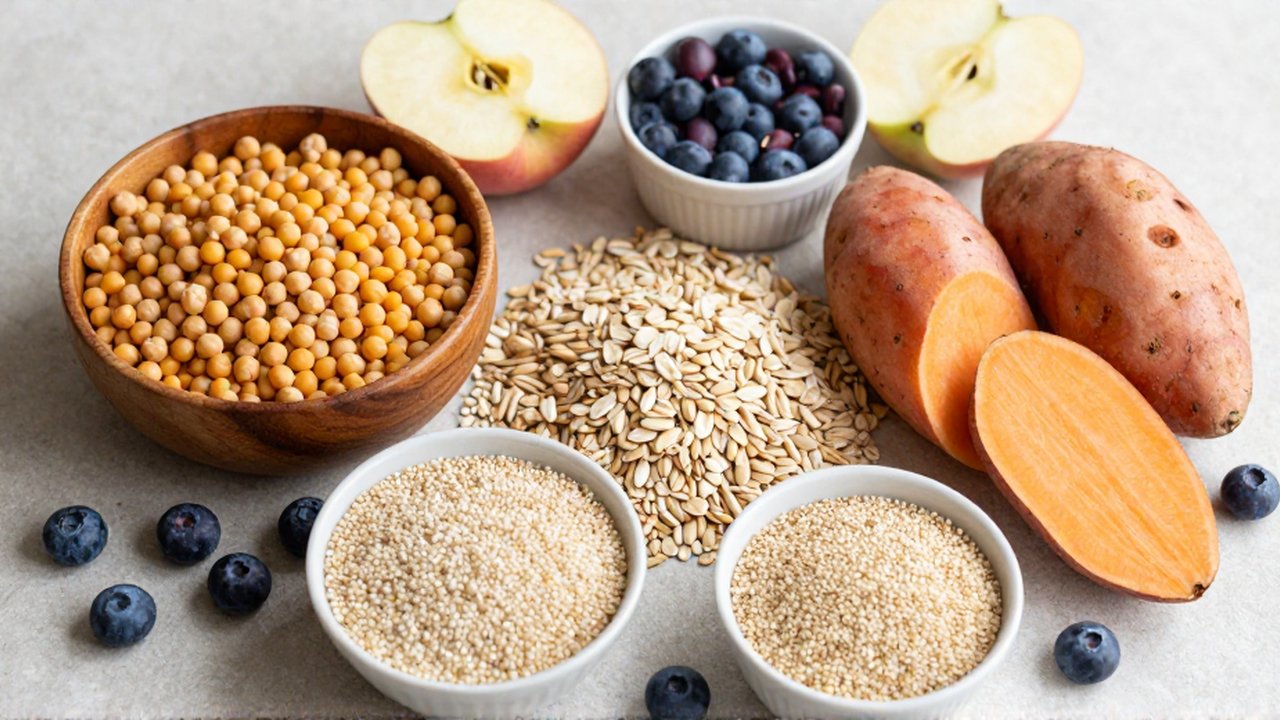Variedad de legumbres, granos, batatas, quinoa y frutas dispuestas sobre una superficie de piedra.