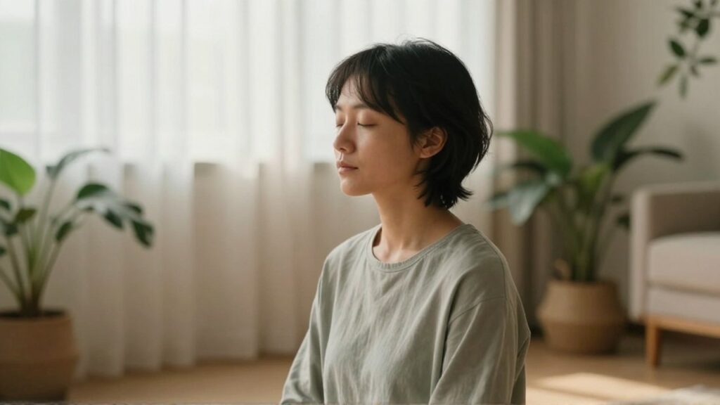 Persona con los ojos cerrados sentada en postura de meditación en una sala minimalista con plantas.
