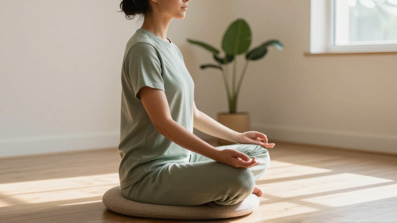 Persona con ojos cerrados meditando sentada sobre un cojín en un rincón luminoso.