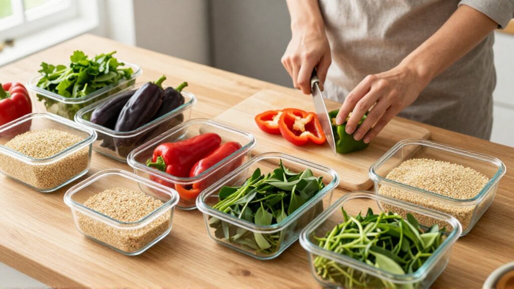 Manos cortando pimientos y organizando vegetales con quinoa en recipientes de vidrio sobre una encimera de madera.