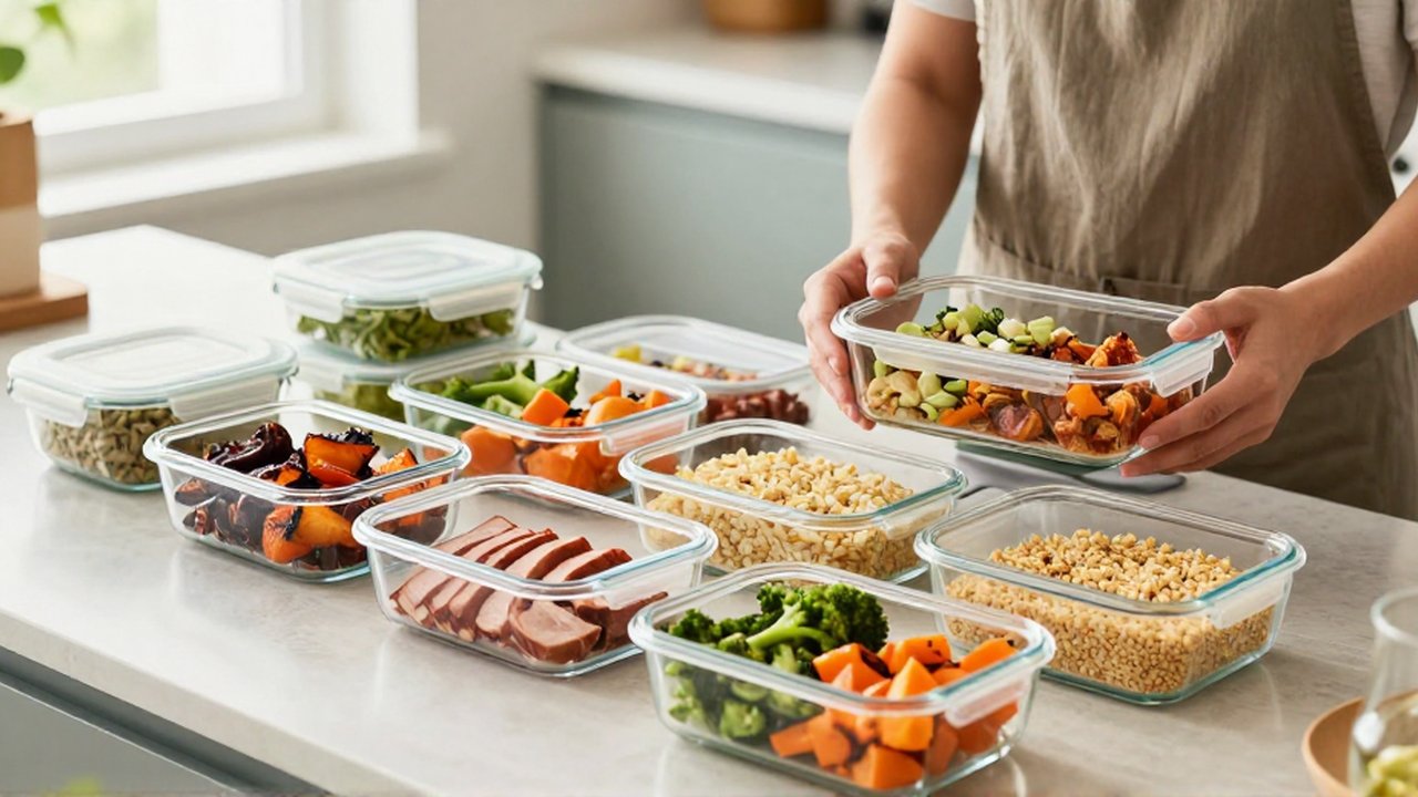 Persona organizando recipientes de vidrio con vegetales, granos y proteínas sobre una encimera de cocina.