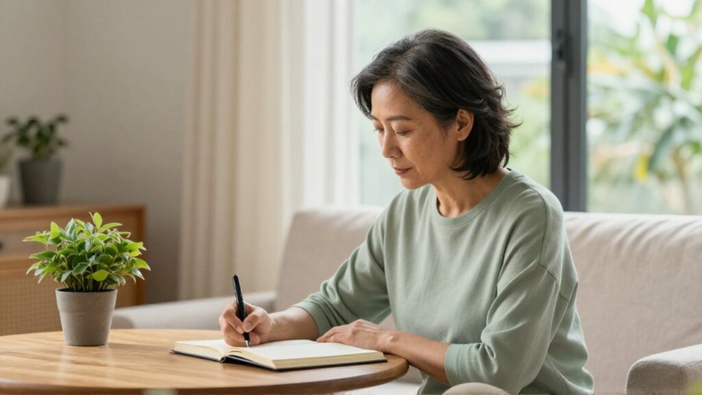 Persona de mediana edad escribe en un diario sobre una mesa de madera junto a una ventana iluminada.