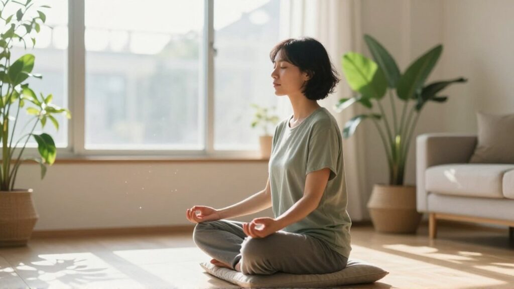 Persona sentada en posición de meditación sobre un cojín en una sala luminosa con plantas.