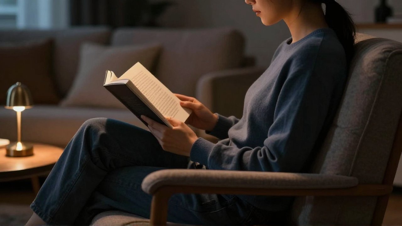 Persona sentada en un sillón leyendo un libro bajo la luz de una lámpara en una sala.