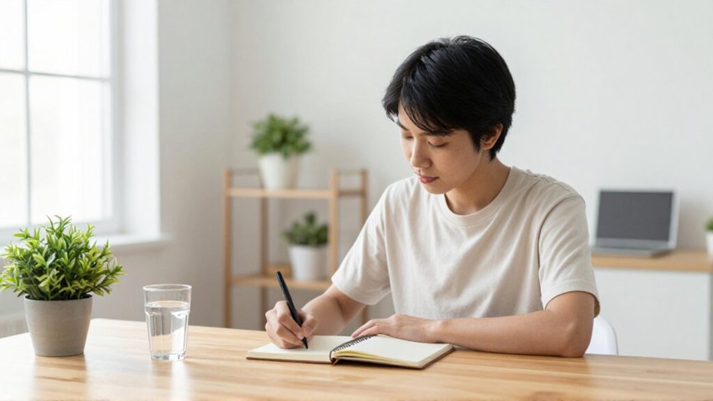 Persona sentada en un escritorio de madera escribiendo en un cuaderno junto a una planta y un vaso de agua.