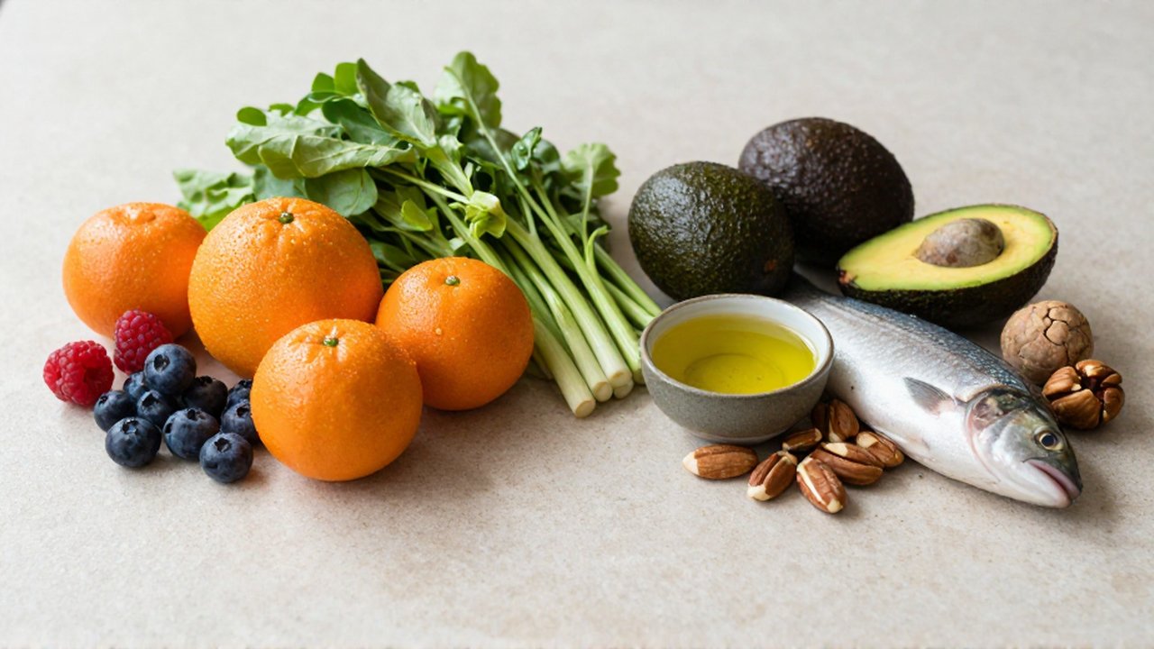 Frutas, verduras y pescados organizados en dos grupos sobre una encimera de piedra neutra.