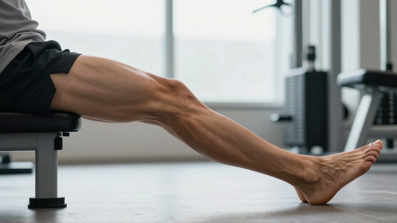 Persona realizando una extensión de piernas sentada para trabajar el cuádriceps en un gimnasio.