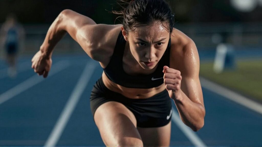Persona con expresión concentrada y piel sudorosa corre intensamente en una pista de atletismo cubierta.