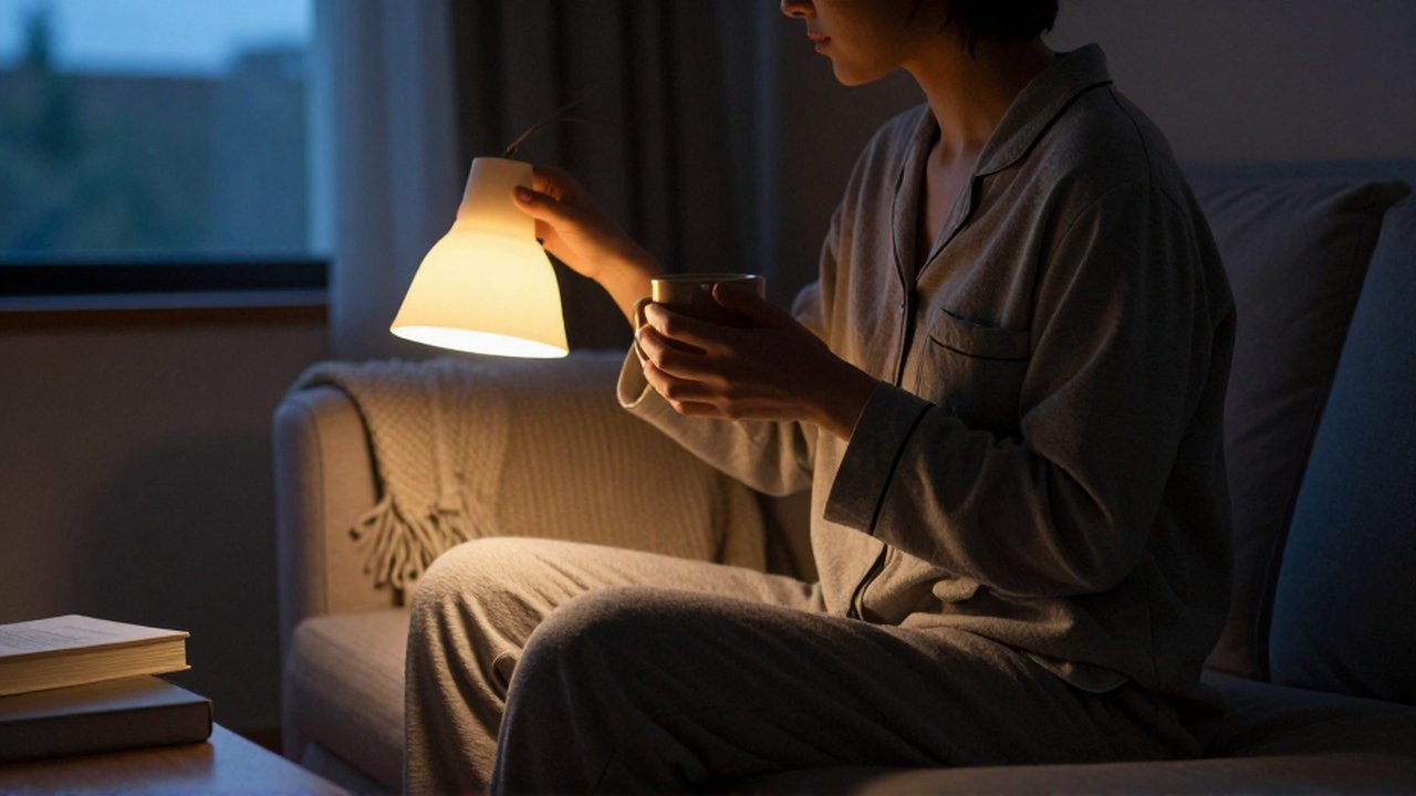 Persona con ropa cómoda sostiene una taza sobre un sofá mientras baja la intensidad de una lámpara.