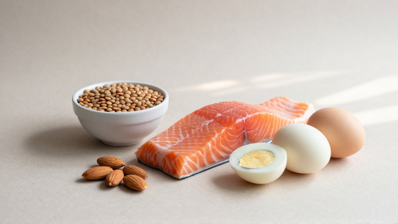 Un filete de salmón, lentejas crudas, almendras y huevos cocidos dispuestos sobre una superficie neutra.