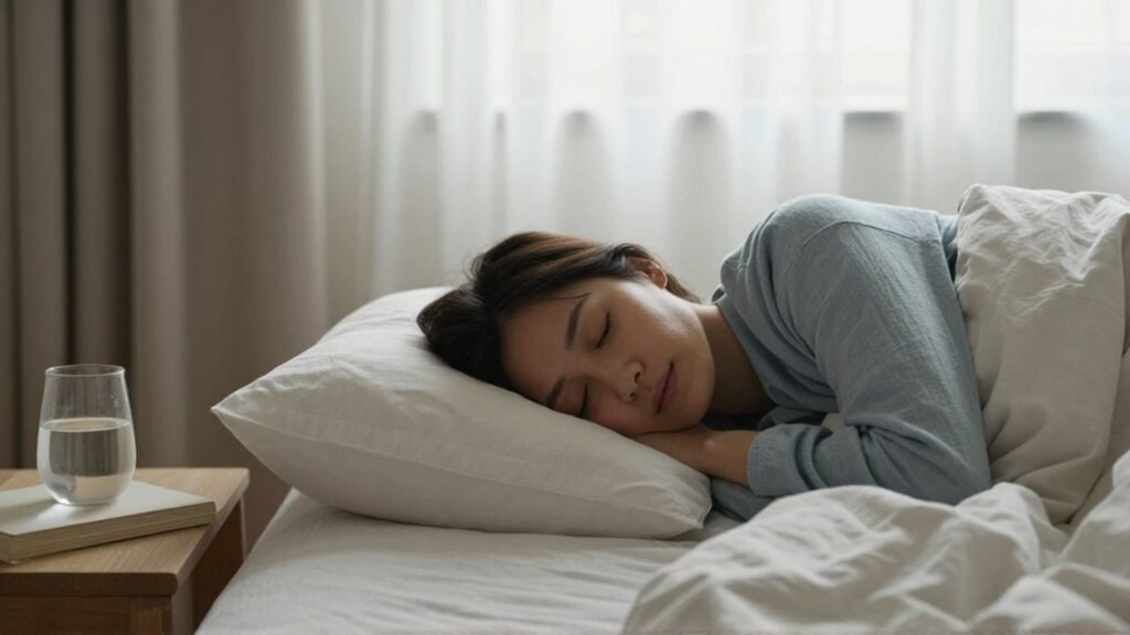Una persona duerme plácidamente sobre una almohada blanca en un dormitorio minimalista con luz matutina.