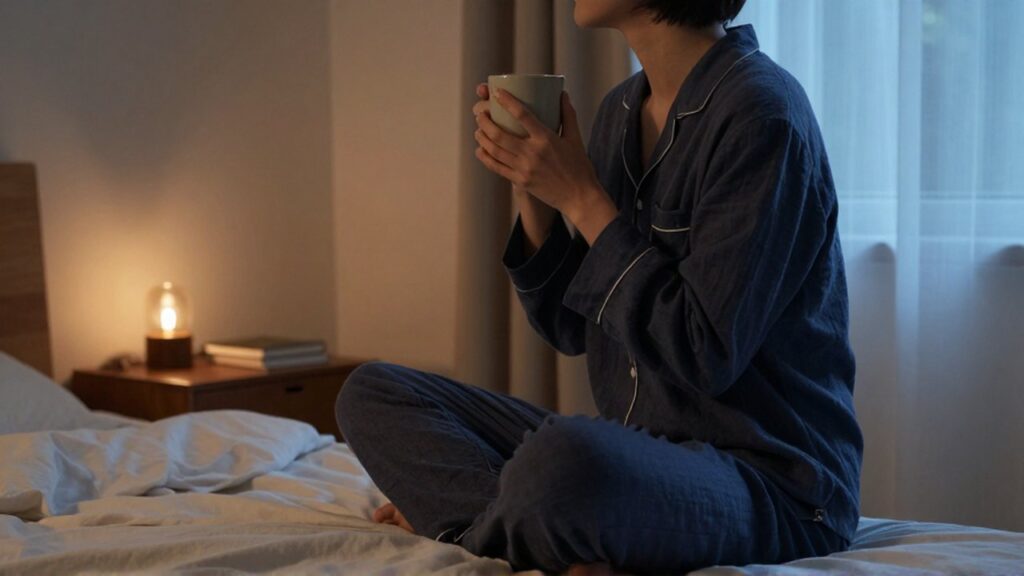 Persona con pijama de lino sentada en el borde de una cama sosteniendo una taza de cerámica.