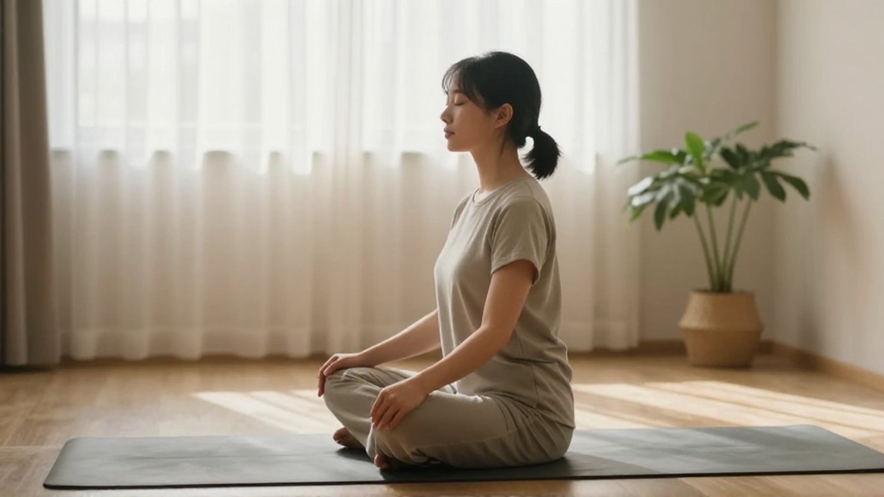 Una persona sentada sobre un mat de yoga con los ojos cerrados en una sala iluminada.