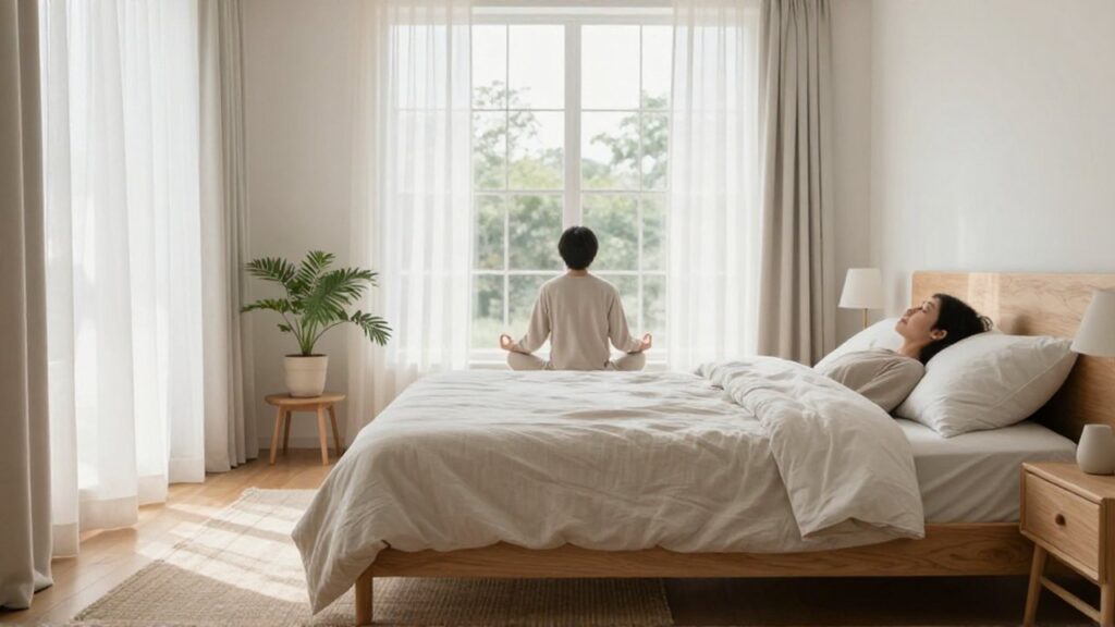 Persona sentada en postura de meditación junto a una cama deshecha en un dormitorio luminoso.